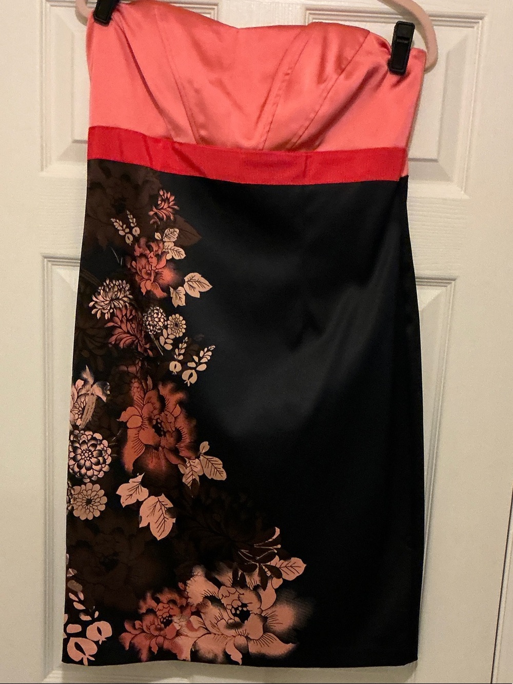 New Le Chateau Strapless Floral Print Sheath Dress in Coral and Black.